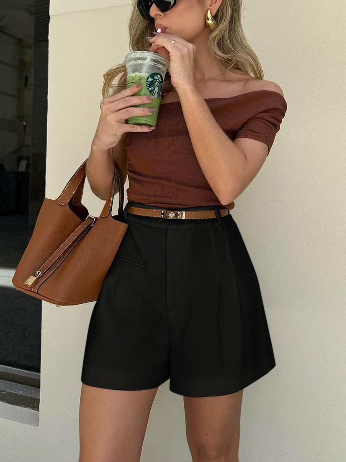 Shorts a medida para mujer - Cintura alta - Pliegues delanteros - Corte holgado - Ropa informal