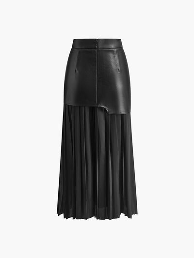 Falda midi  asimetrica. Piel sintética y gasa plisada