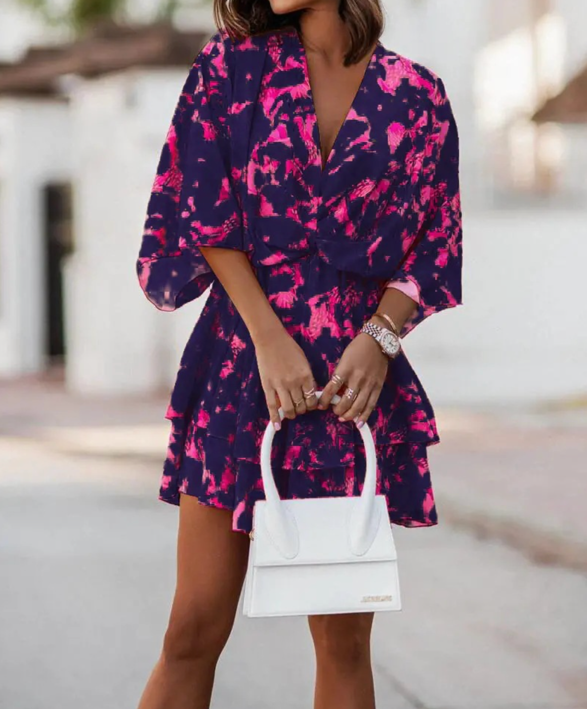 ANDREA| Vestido Corto Mujer – Estampado Tropical con Nudo Frontal y Mangas Sueltas