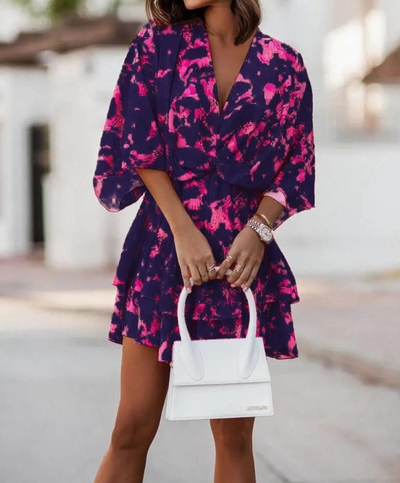 ANDREA| Vestido Corto Mujer – Estampado Tropical con Nudo Frontal y Mangas Sueltas