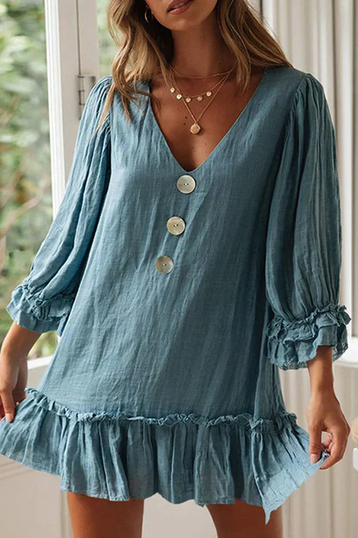 Ella - Estiloso minivestido de manga larga con cuello en V y dobladillo de volante