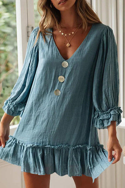 Ella - Estiloso minivestido de manga larga con cuello en V y dobladillo de volante