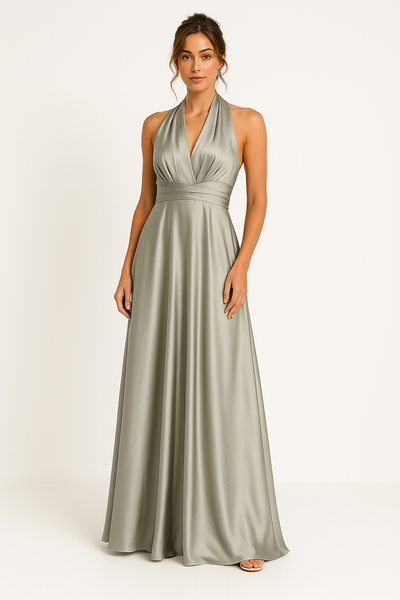 SHEILA| Vestido largo para mujer, acabado satinado y espalda cruzada.