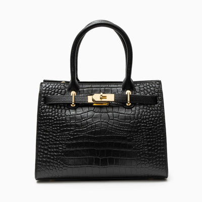 Bolso de Lujo en Piel Negra con Grabado de Cocodrilo