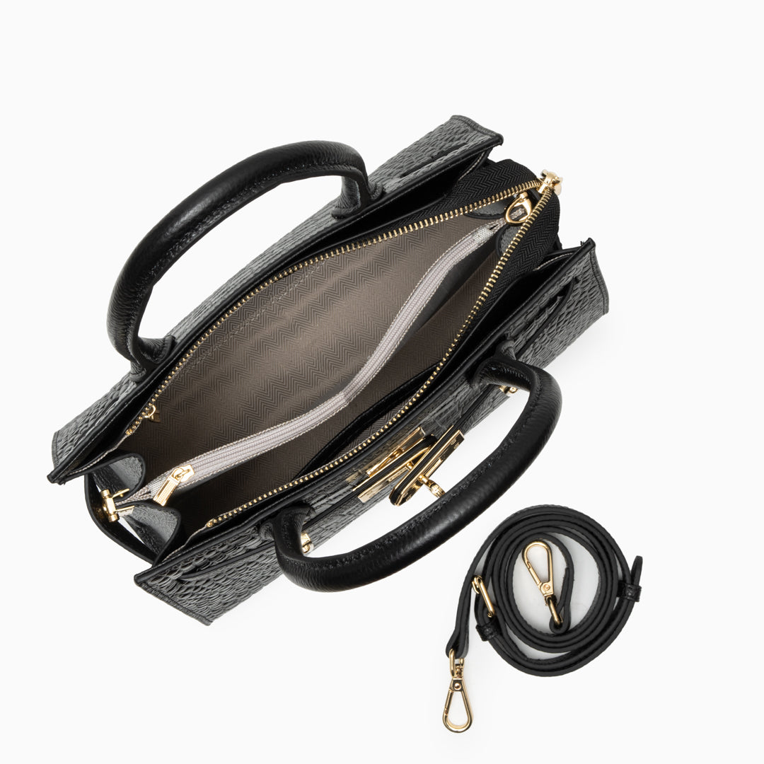 Bolso de Lujo en Piel Negra con Grabado de Cocodrilo