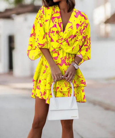 ANDREA| Vestido Corto Mujer – Estampado Tropical con Nudo Frontal y Mangas Sueltas