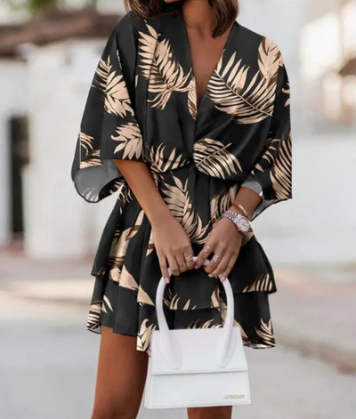 ANDREA| Vestido Corto Mujer – Estampado Tropical con Nudo Frontal y Mangas Sueltas