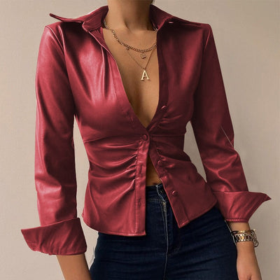ALEJANDRA| Blusa de mujer con cuello en V - Cuero sintético