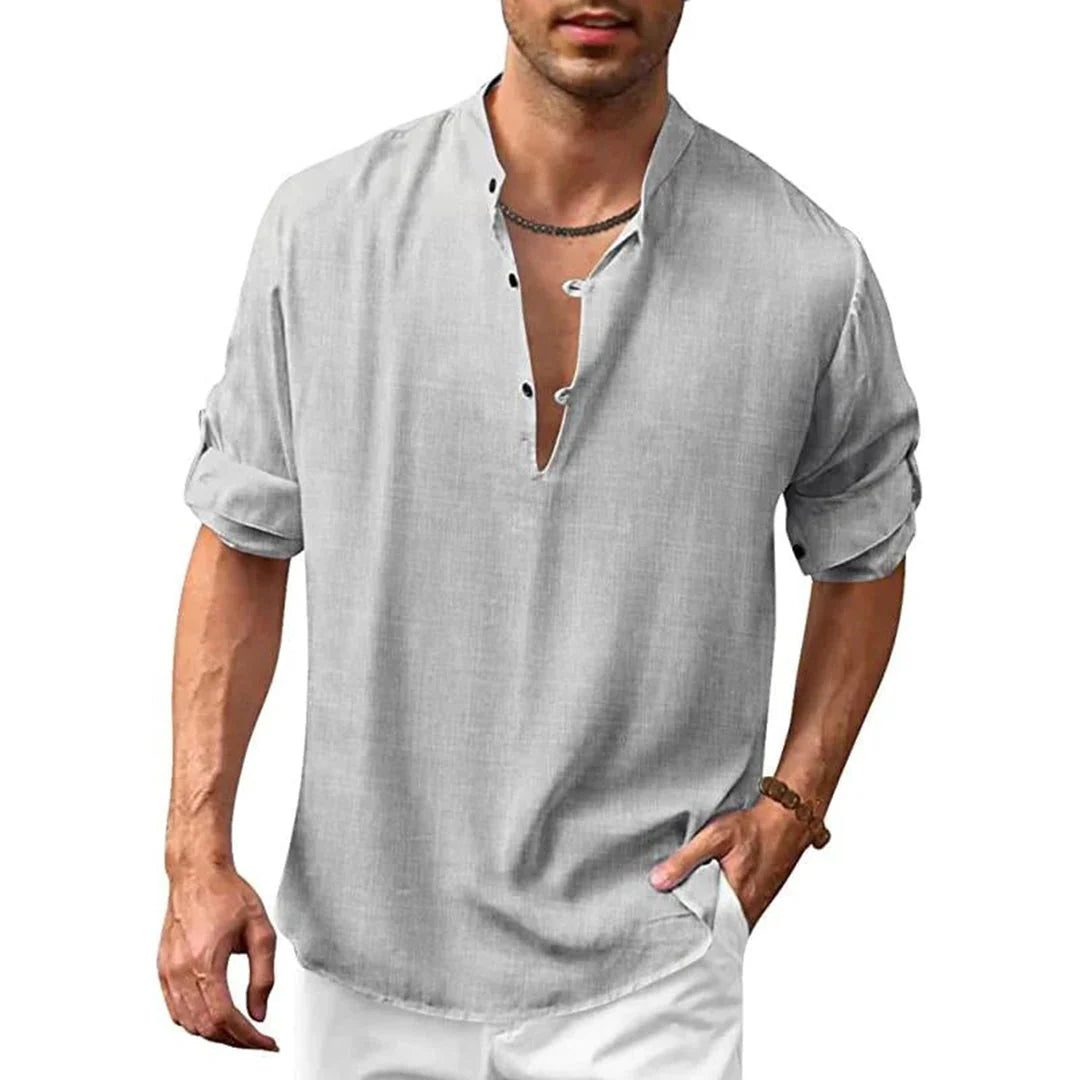 Camisa moderna para hombre con cierre parcial de botones y cuello alto de manga corta