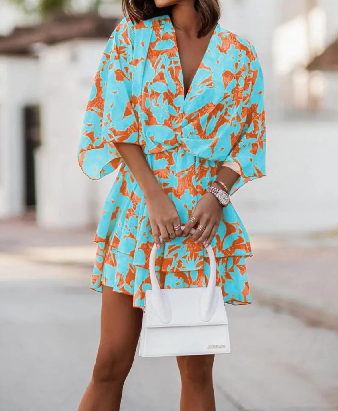 ANDREA| Vestido Corto Mujer – Estampado Tropical con Nudo Frontal y Mangas Sueltas