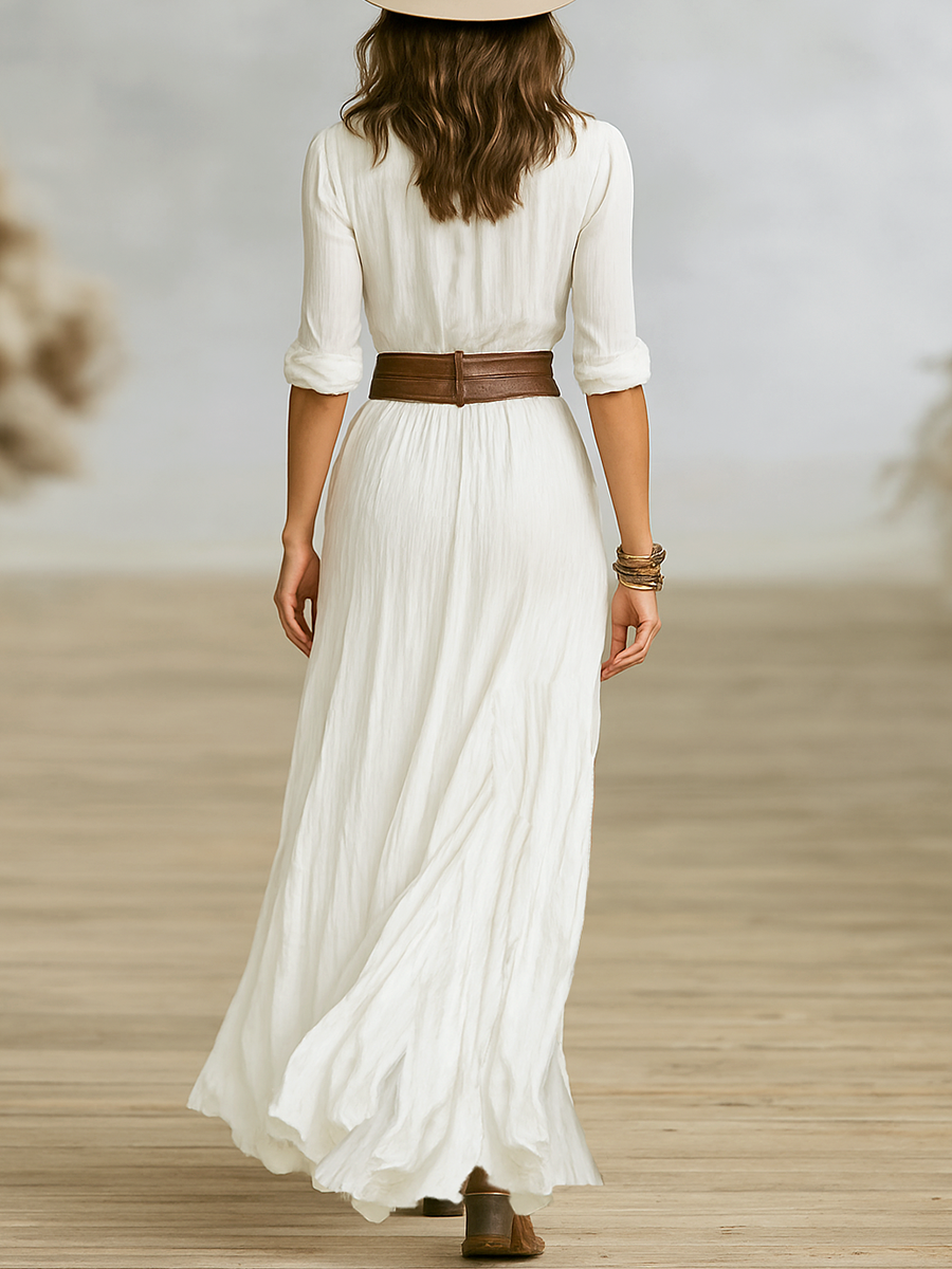 DORI|Vestido Maxi Largo Mujer en Algodón y Lino con Cuello de Solapa