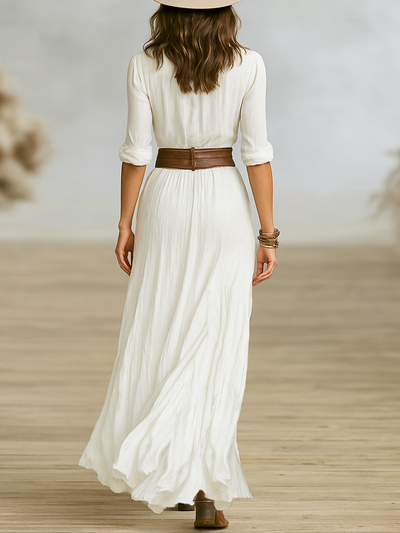 DORI|Vestido Maxi Largo Mujer en Algodón y Lino con Cuello de Solapa