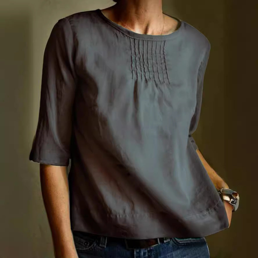 LINA| blusa de algodon y lino, manga 3/4, para estilo informal.