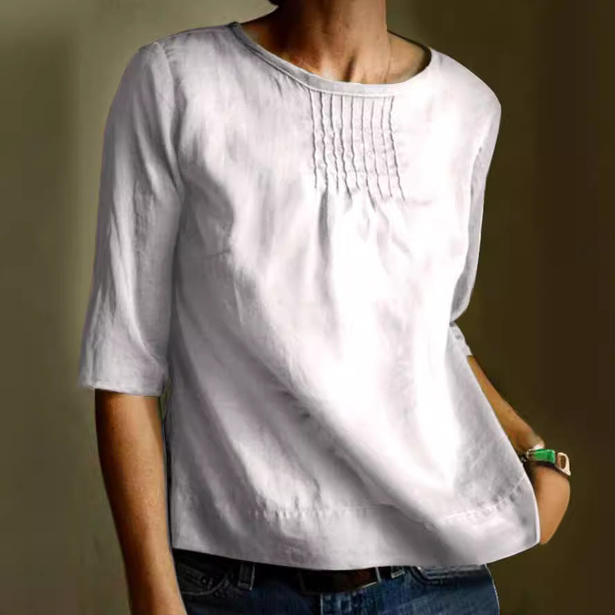 LINA| blusa de algodon y lino, manga 3/4, para estilo informal.