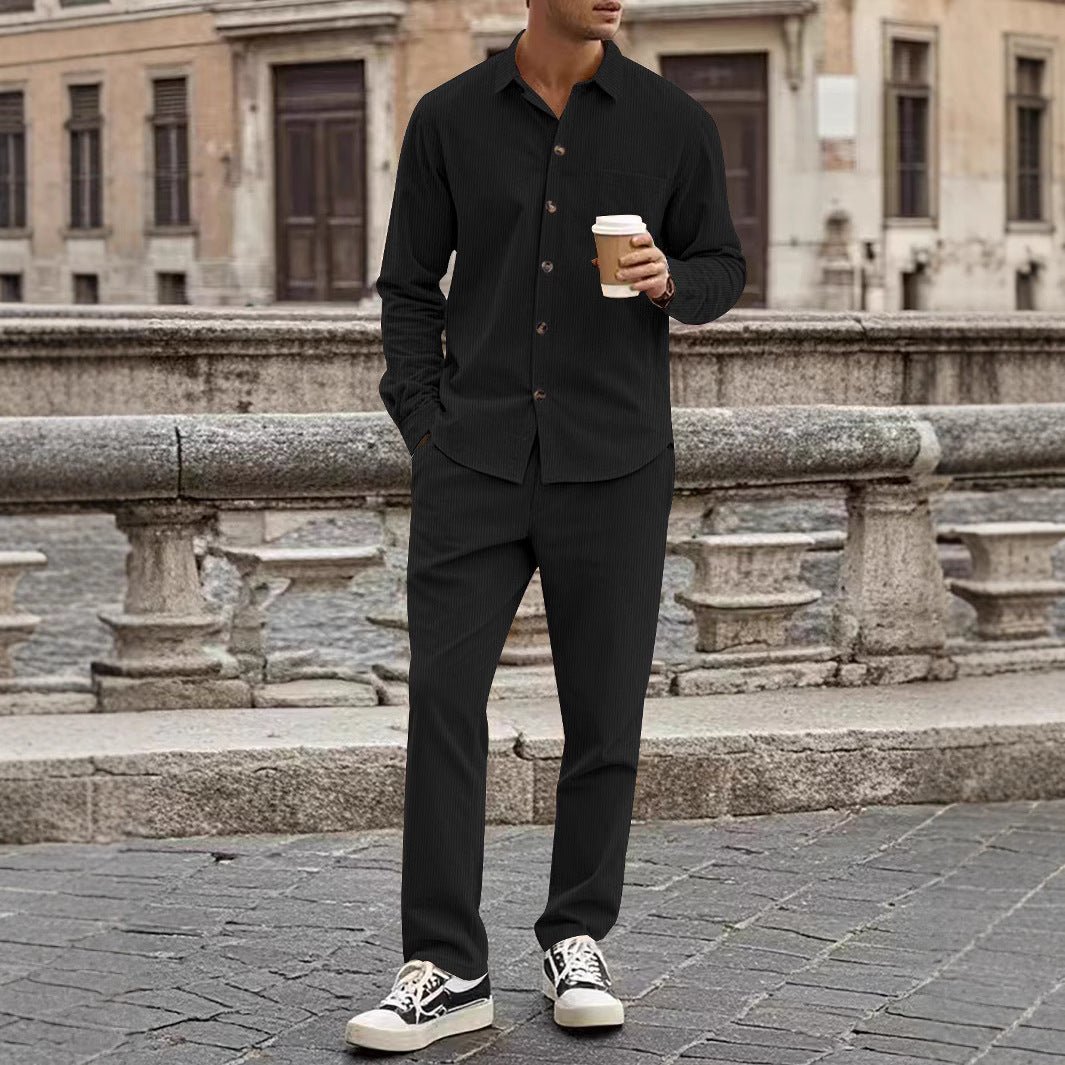 ALBERT| Conjunto de camisa y pantalón de pana ,corte holgado, ropa informal de textura suave.