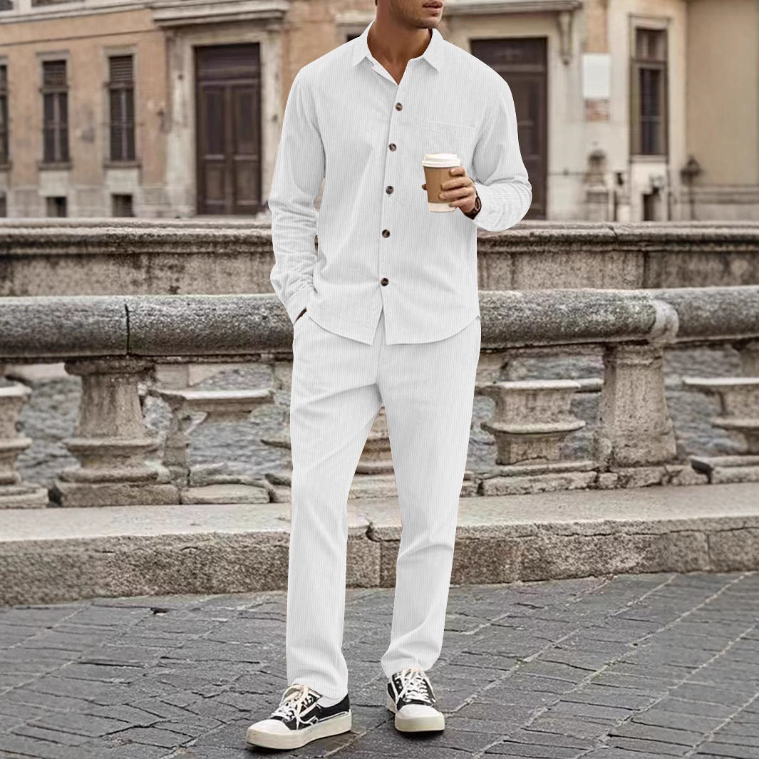 ALBERT| Conjunto de camisa y pantalón de pana ,corte holgado, ropa informal de textura suave.