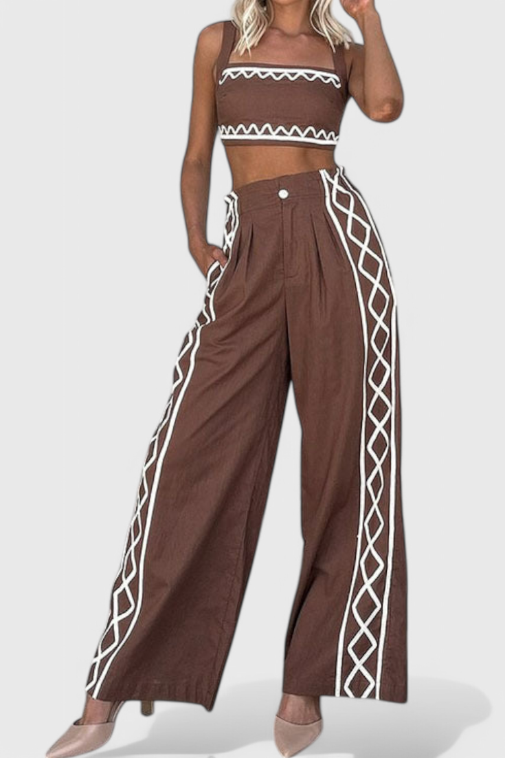 MIRELIA| Conjunto Crop y Pantalones Anchos de Estampado Zigzag