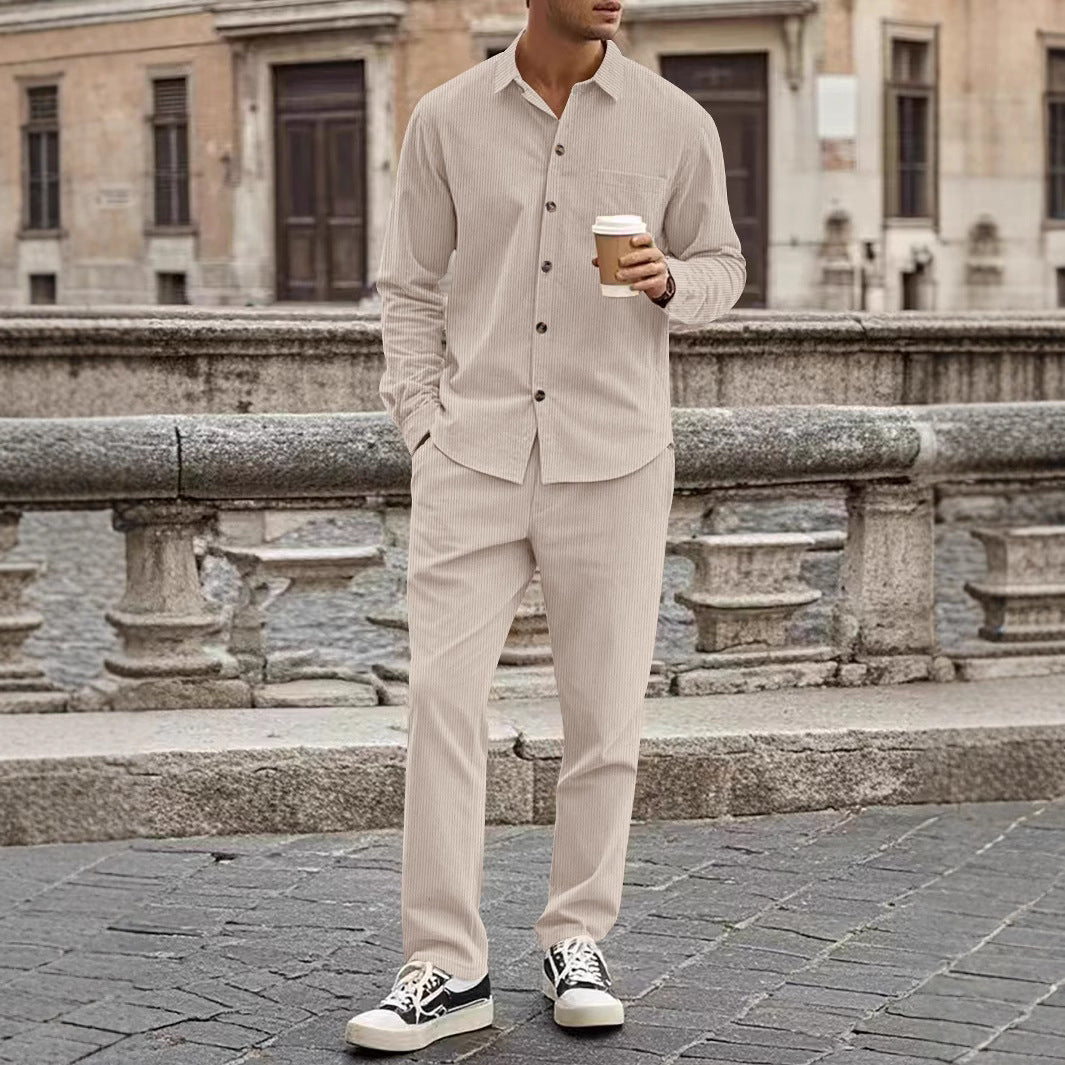 ALBERT| Conjunto de camisa y pantalón de pana ,corte holgado, ropa informal de textura suave.