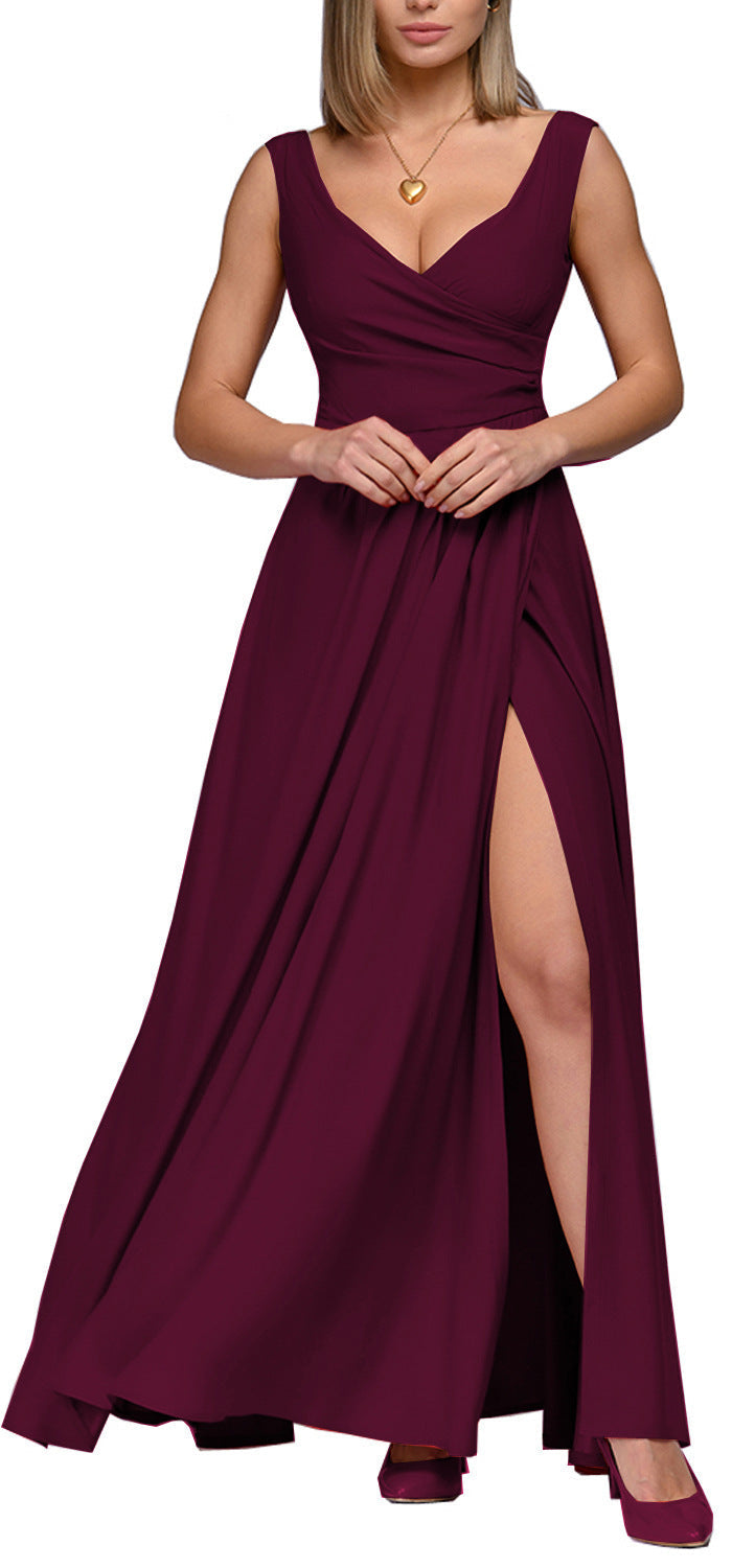 LARA| Vestido largo de noche sin mangas con escote pronunciado y abertura alta