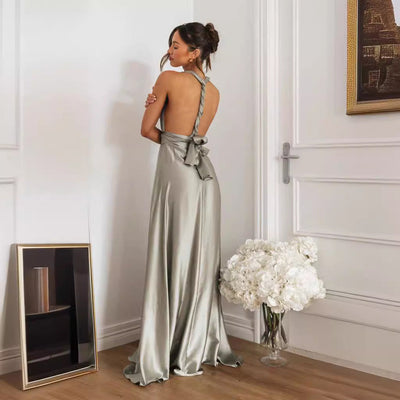 SHEILA| Vestido largo para mujer, acabado satinado y espalda cruzada.