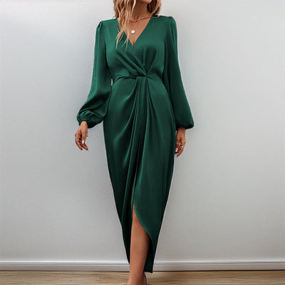 CARMINA| Vestido de manga larga para mujer – Acabado satinado