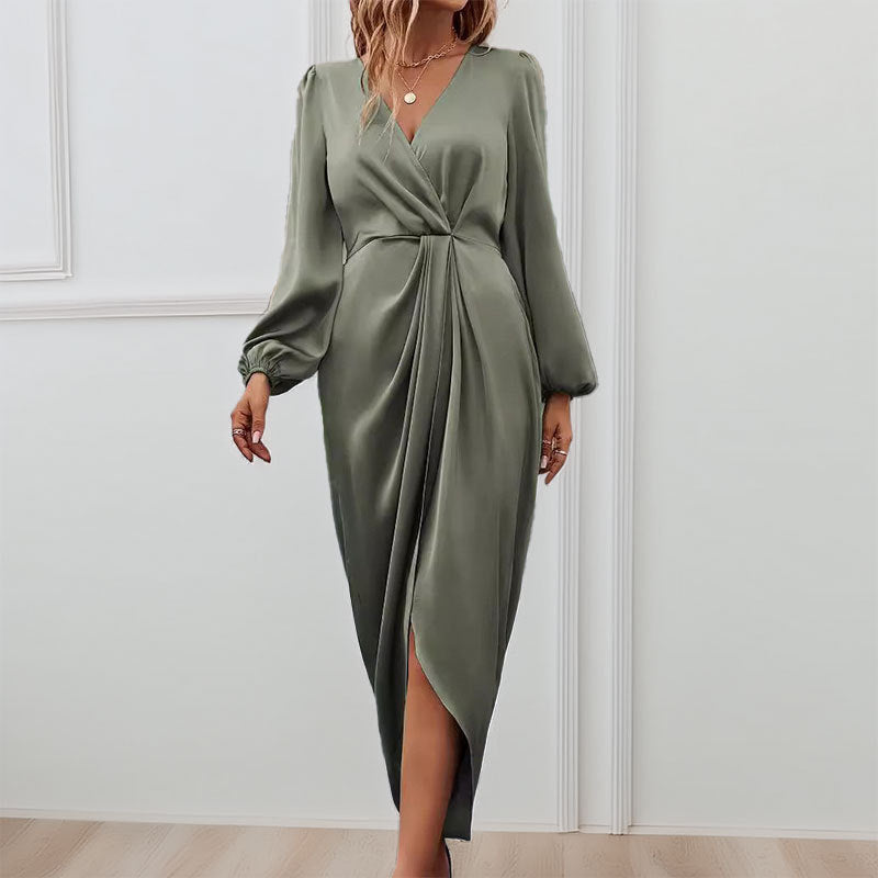 CARMINA| Vestido de manga larga para mujer – Acabado satinado
