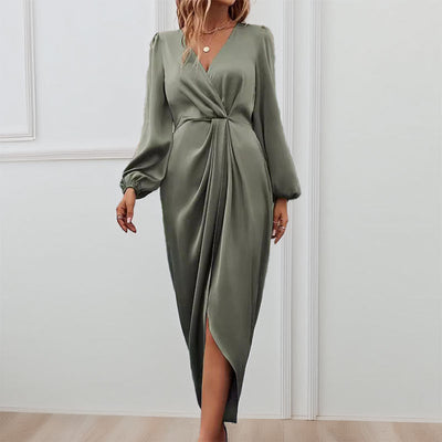CARMINA| Vestido de manga larga para mujer – Acabado satinado