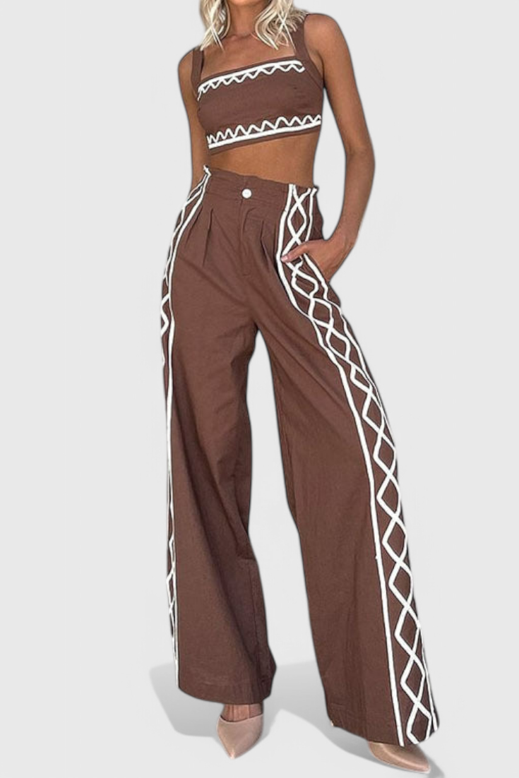 MIRELIA| Conjunto Crop y Pantalones Anchos de Estampado Zigzag