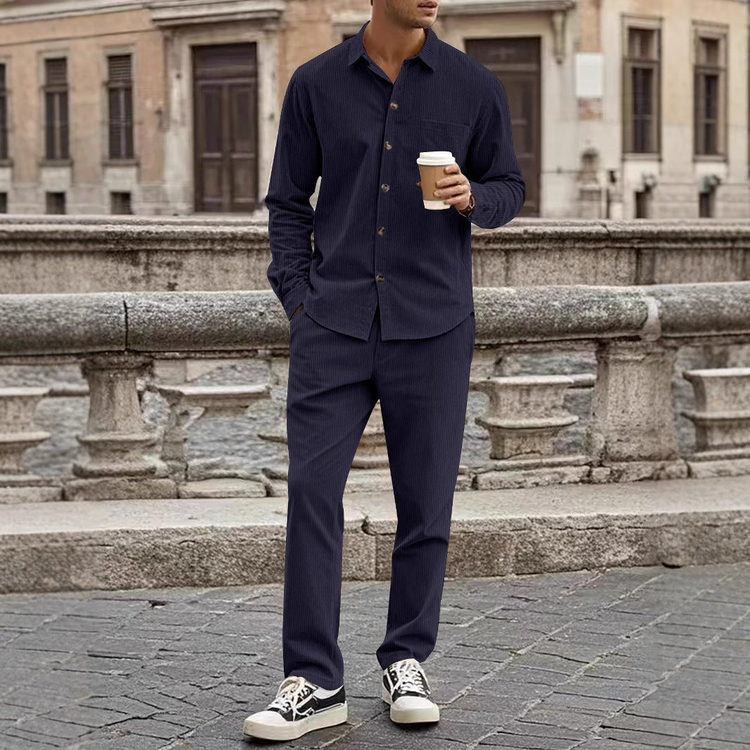 ALBERT| Conjunto de camisa y pantalón de pana ,corte holgado, ropa informal de textura suave.