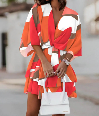 ANDREA| Vestido Corto Mujer – Estampado Tropical con Nudo Frontal y Mangas Sueltas