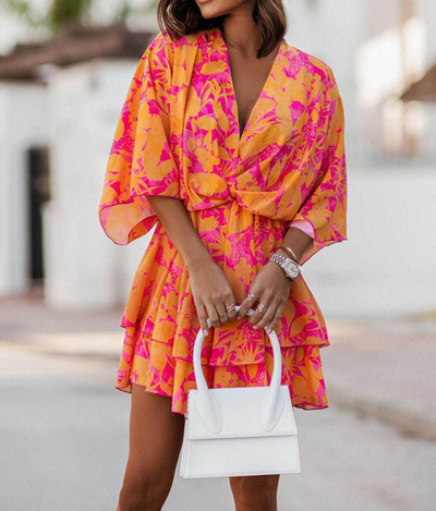 ANDREA| Vestido Corto Mujer – Estampado Tropical con Nudo Frontal y Mangas Sueltas