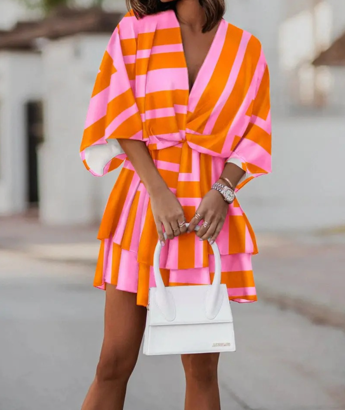 ANDREA| Vestido Corto Mujer – Estampado Tropical con Nudo Frontal y Mangas Sueltas