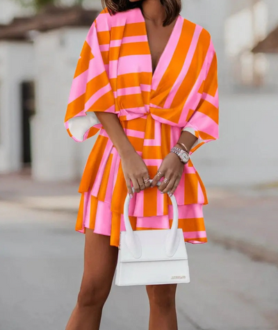ANDREA| Vestido Corto Mujer – Estampado Tropical con Nudo Frontal y Mangas Sueltas