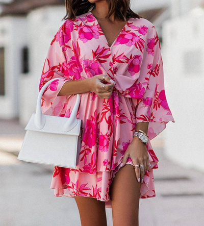 ANDREA| Vestido Corto Mujer – Estampado Tropical con Nudo Frontal y Mangas Sueltas