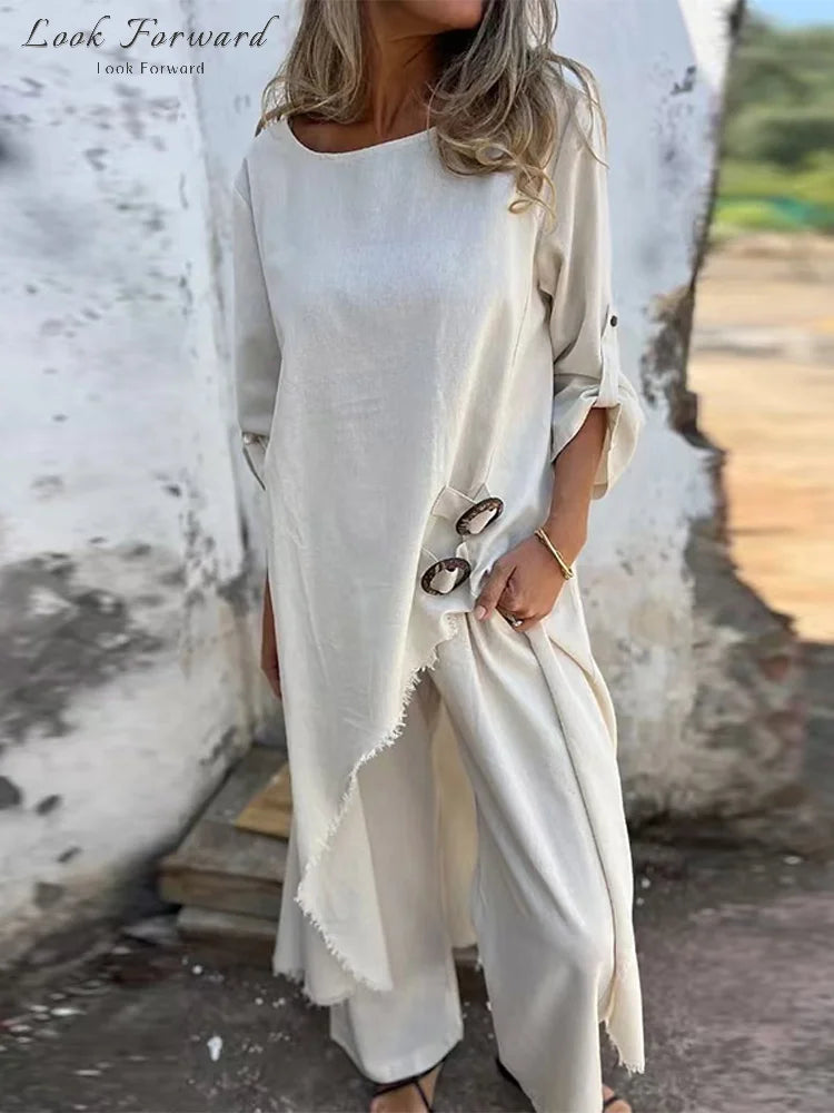 SILVIA| Conjunto Casual de Blusa y Pantalón Palazzo