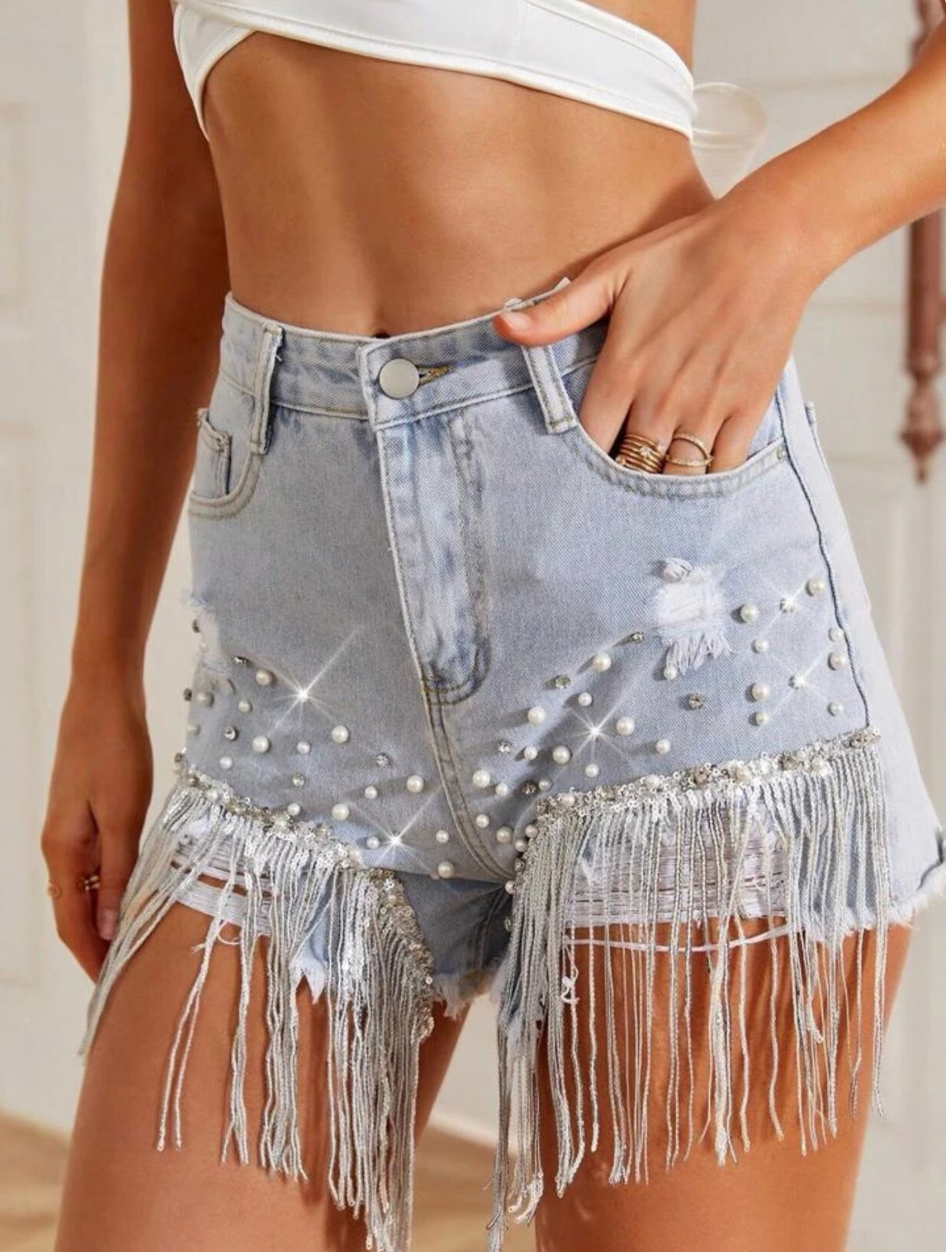 LUISA| Pantalones cortos vaqueros con borlas