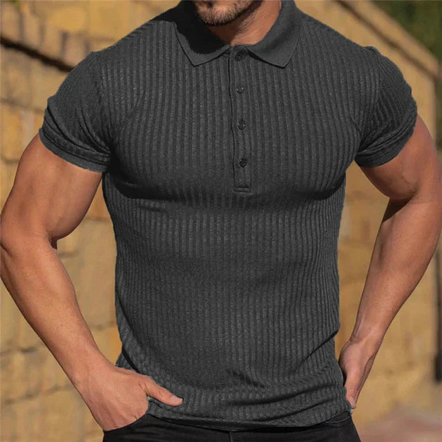 RAUL| Polo ajustado acanalado para hombre: ropa deportiva transpirable y elástica para verano.