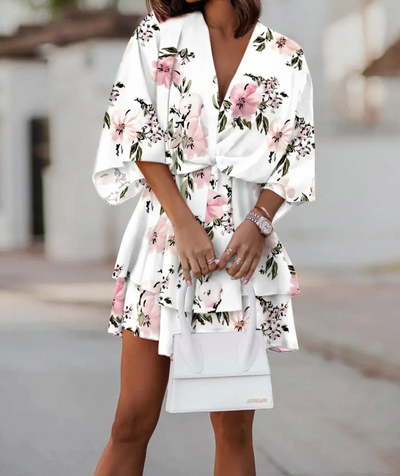 ANDREA| Vestido Corto Mujer – Estampado Tropical con Nudo Frontal y Mangas Sueltas