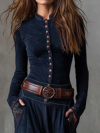 Lorena ❘ Vestido Maxi Vintage de Ante a Cuadros Marinos (Incluye Cinturón)