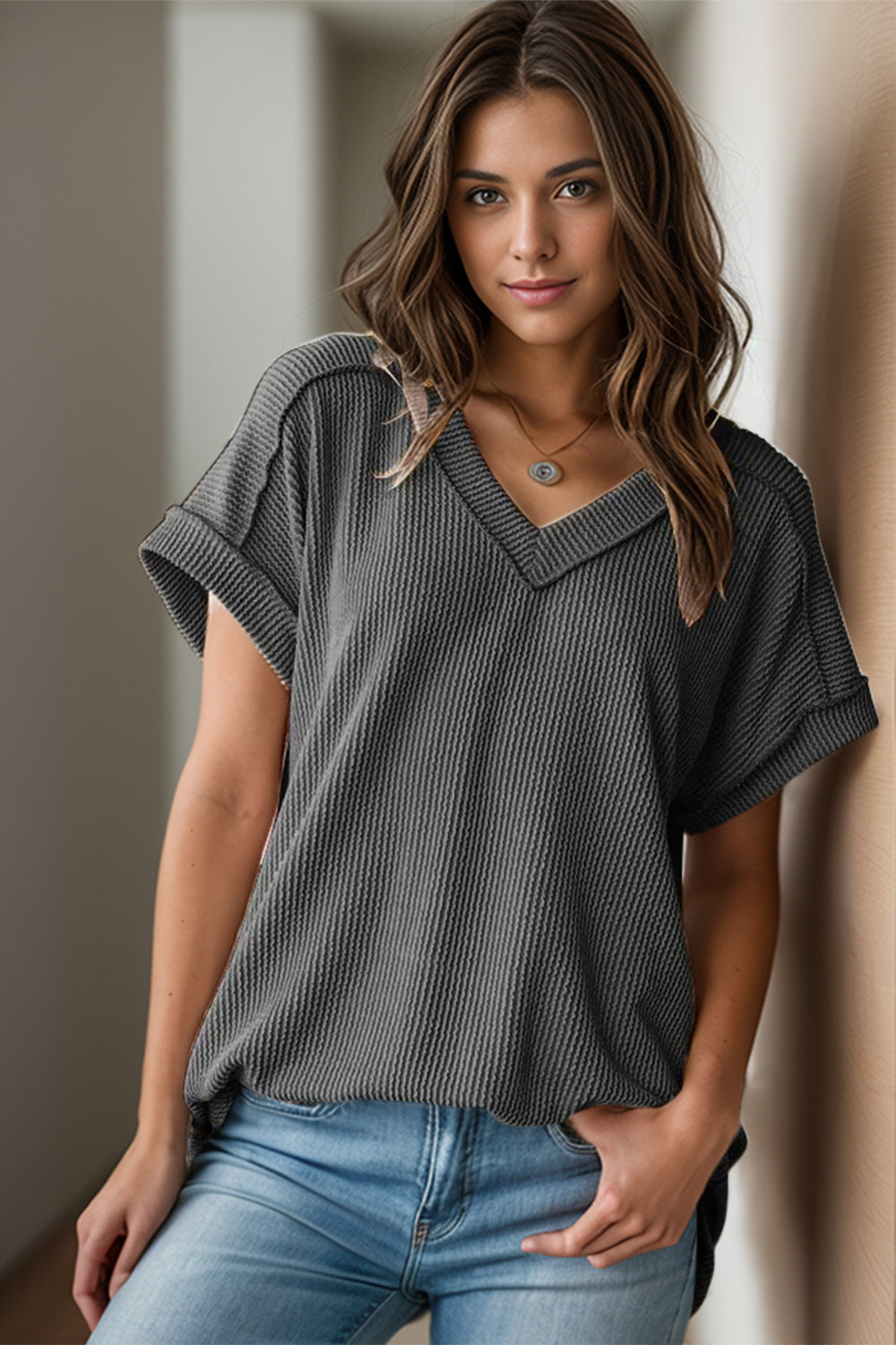 Blusa de mujer - Tejido texturizado - Cuello en V - Manga corta - Corte holgado