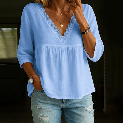 Angela - Elegante blusa de encaje con cuello en V y manga 3/4