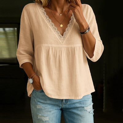 Angela - Elegante blusa de encaje con cuello en V y manga 3/4