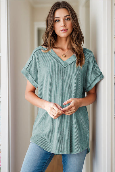 Blusa de mujer - Tejido texturizado - Cuello en V - Manga corta - Corte holgado