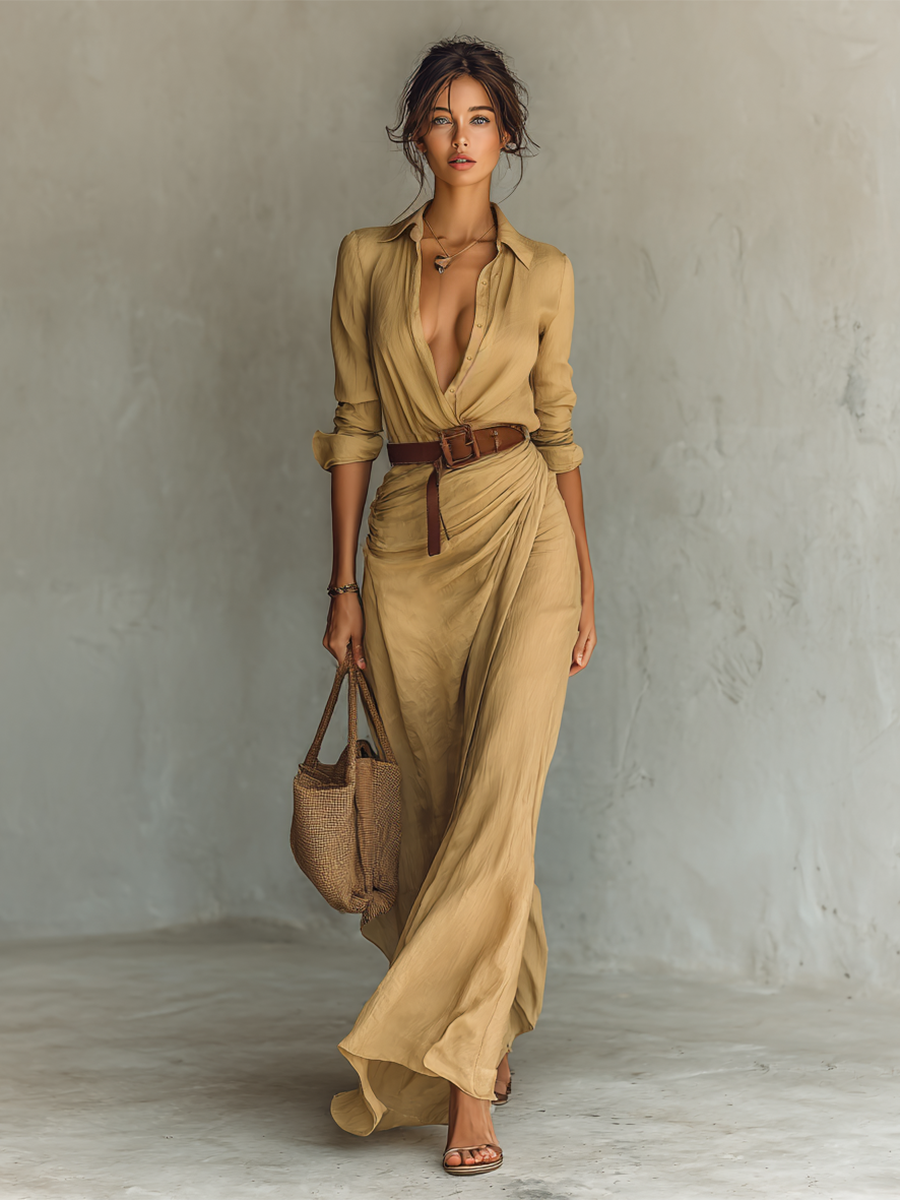 ALBA| Vestido Maxi Largo con Cuello de Solapa y Cintura Incluida
