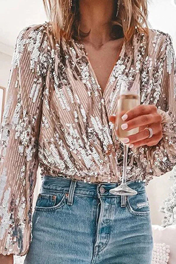 ANGELA| Blusa de lentejuelas , manga larga con puño.