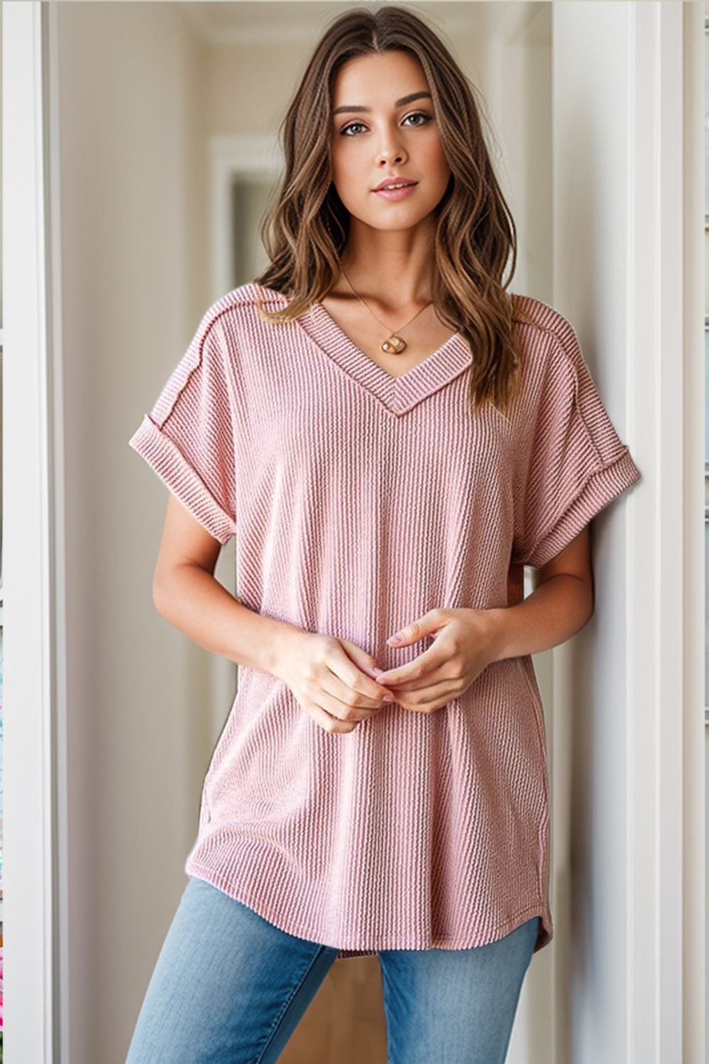 Blusa de mujer - Tejido texturizado - Cuello en V - Manga corta - Corte holgado