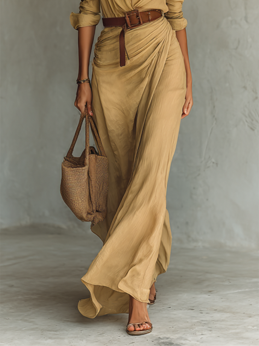 ALBA| Vestido Maxi Largo con Cuello de Solapa y Cintura Incluida
