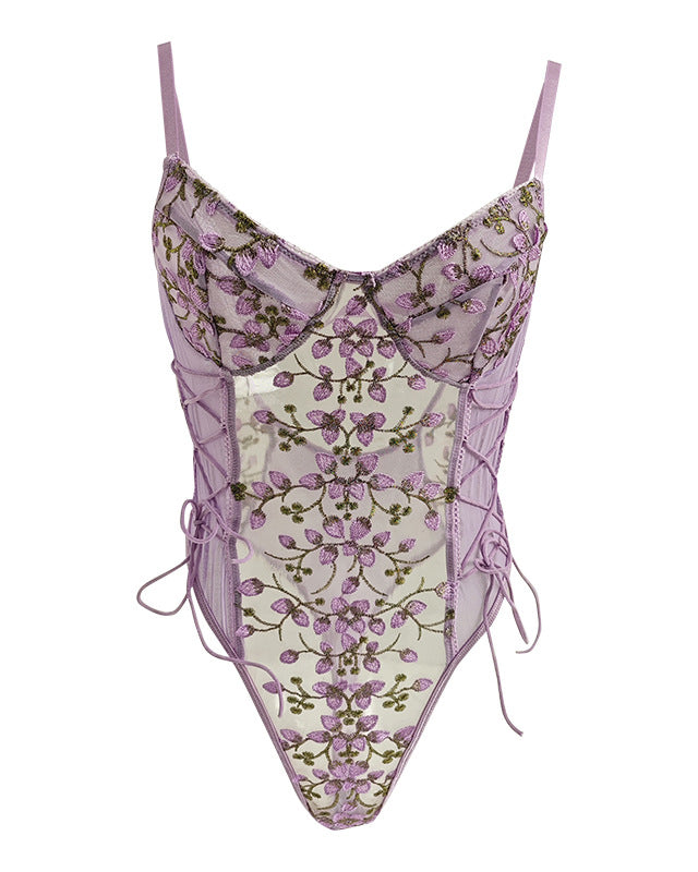 Body de malla con bordado de encaje sexy transparente sin espalda y con cordón ajustable
