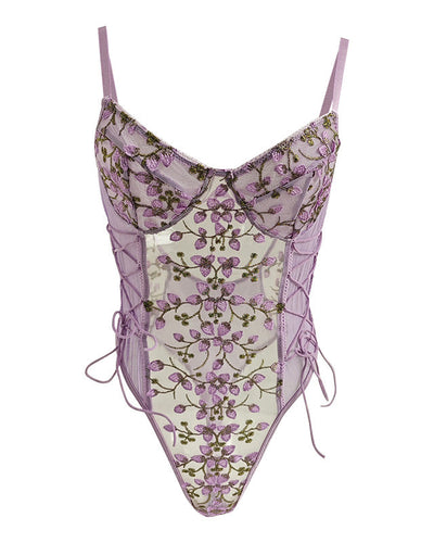 Body de malla con bordado de encaje sexy transparente sin espalda y con cordón ajustable