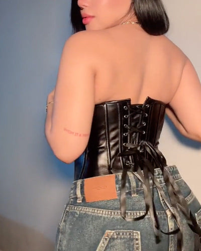 Corsé sexy de cuero negro con cremallera y espalda de acero con ballenas y cordones